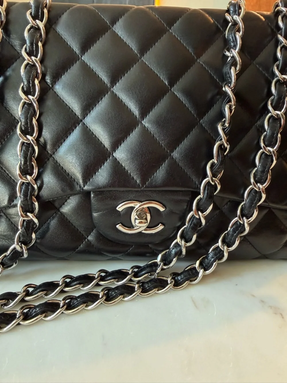 CHANEL classic single flap lambskin Black Quilted Bag with Silver Chain jumbo - Picture 3 of 16